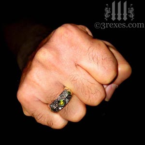 3-kings-wedding-ring-mens-silver-gothic-band-green-peridot-stone-fist-3-rexes-jewelry 3-kings-wedding-ring-mens-silver-gothic-band-green-peridot-stone-fist-3-rexes-jewelry