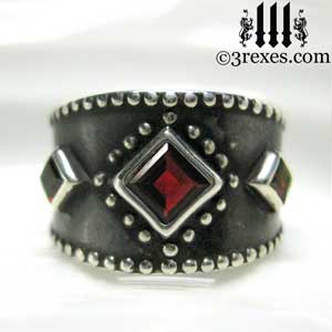 3-wishes-silver-medieval-wedding-ring-gothic-red-garnet-stones-wide-studded-engagement-band-dark-black-unisex-design-front 3-wishes-silver-medieval-wedding-ring-gothic-red-garnet-stones-wide-studded-engagement-band-dark-black-unisex-design-front