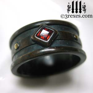 Moorish Gothic 1 Stone Wedding Ring With Antiqued Br Mens Moorish Gothic One Stone Ring Dark Black Antiqued Br Red Garnet Royal Wedding Band